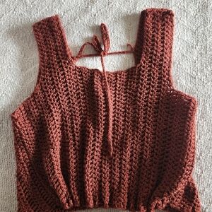 Elegant Rust Crochet Tank Top Small Open Back With Twist Detail